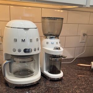 SMEG White Coffee Maker and Grinder Set